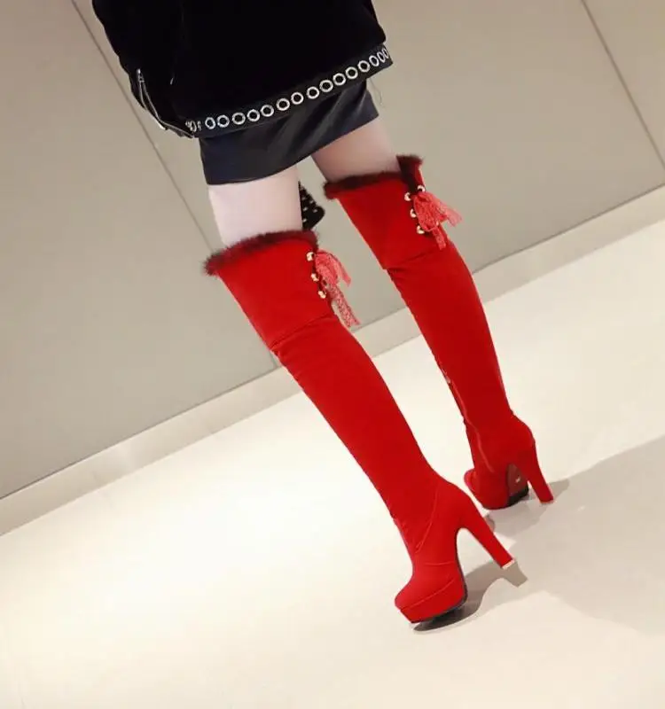 

Shoe Thigh High Boots Nubuck Shoes Woman Platform Super (8cm-up) Heel Womens Short Plush Over The Knee Winter Women Black Red