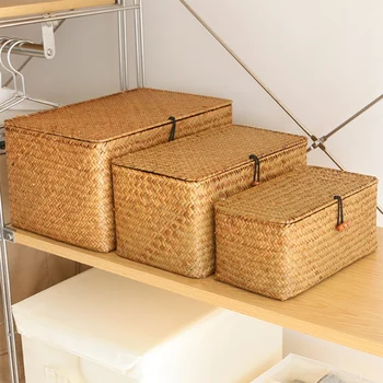 

Woven Wicker Storage Bins Basket Sets for Shelves, Set Of 3 Different Sizes, Multipurpose Container with Lid