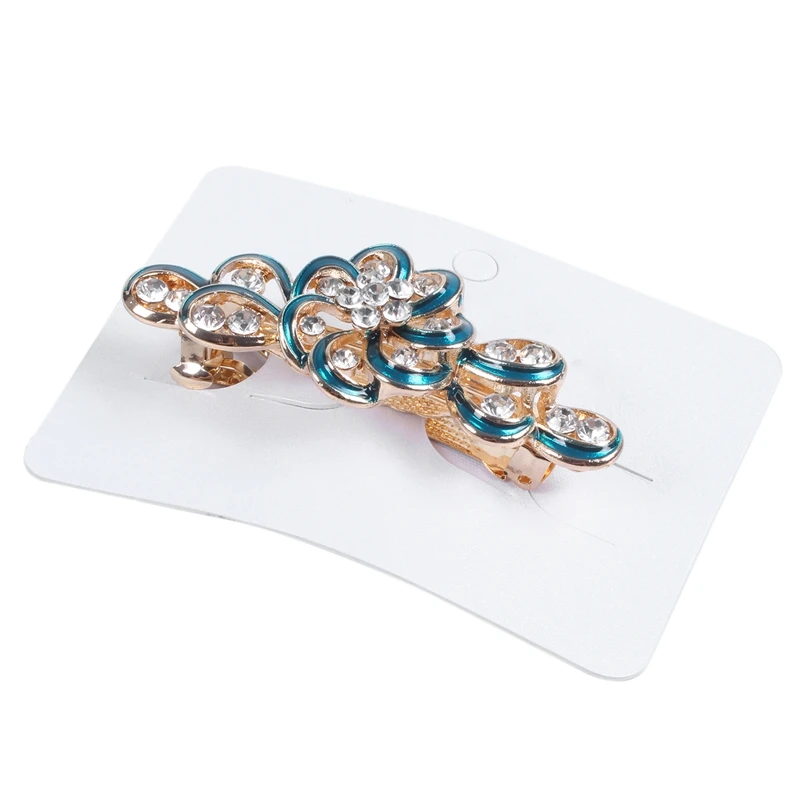 Lady Party Green Flower Design Rhinestone Barrette French Hair Clip