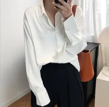 

2020 spring and summer clothes light-colored maa1 solid color satin top satin chiffon shirt women kW9988