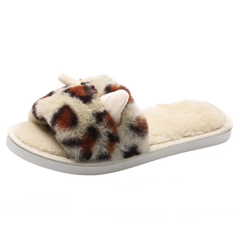 PINSEN/зимние женские домашние тапочки; домашняя обувь; меховые леопардовые тапочки; Теплая обувь; женские домашние тапочки; женские слипоны на плоской подошве - Цвет: Бежевый