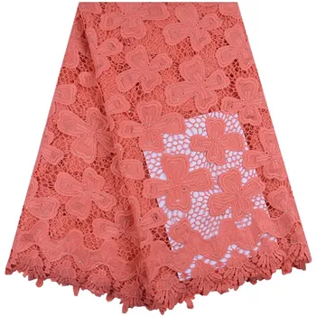 

Top Sale African Guipure Cord Lace Fabric Peach Nigerian Water Soluble Cord Lace Fabric With Stones For Party Wedding Sew F1731