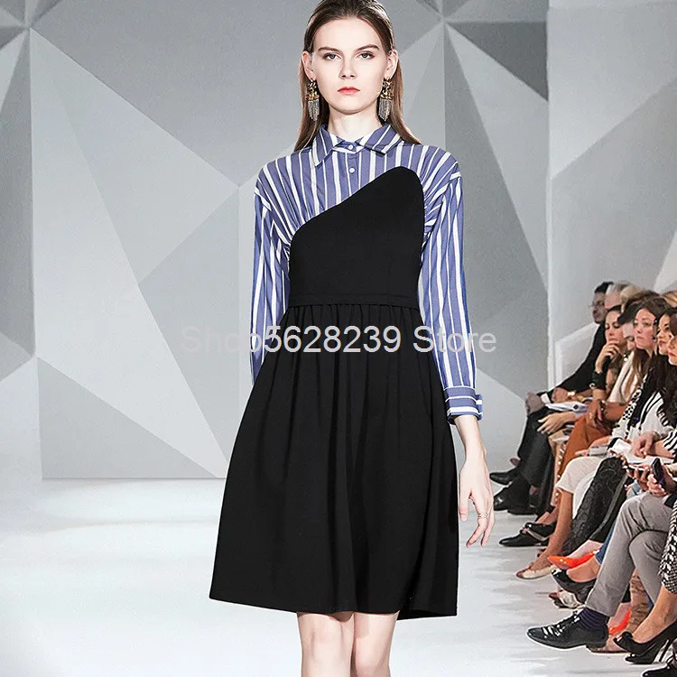 

2020 Seasonal Holiday Two Piece Stripes Splicing Rome Shirt Skirt Slim Fit Medium Length Irregular Dress
