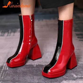 

Hoof Heels Patent Leather Female Boots Square Toe Super High Heel Ankle Boots Hot Sale Platform Mid-Calf Women Boots