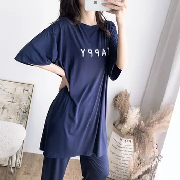 

Sexy Pajamas Set Modal Women Intimate Lingerie Sleepwear 2PCS Short Sleeve&Pant Oversized Sleep Suit O-neck Loose Nightwear
