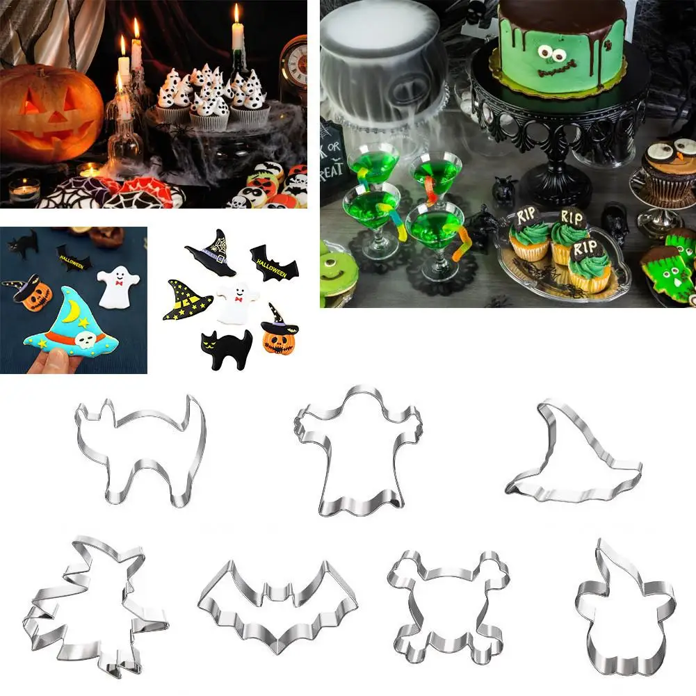 7PCS Halloween Stainless Steel Biscuit Mould Cookie Cutter Set Wizard Skull Hat Pumpkin Shape Fondant Cake Mold 3D DIY Tools |