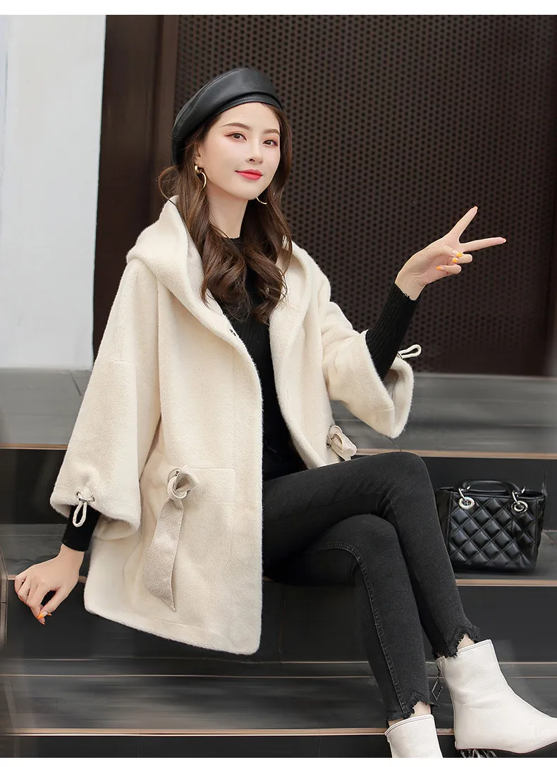 XJXKS модное свободное Женское шерстяное пальто большого размера с капюшоном 2019 зимнее Новое Удобное повседневное женское пальто с поясом