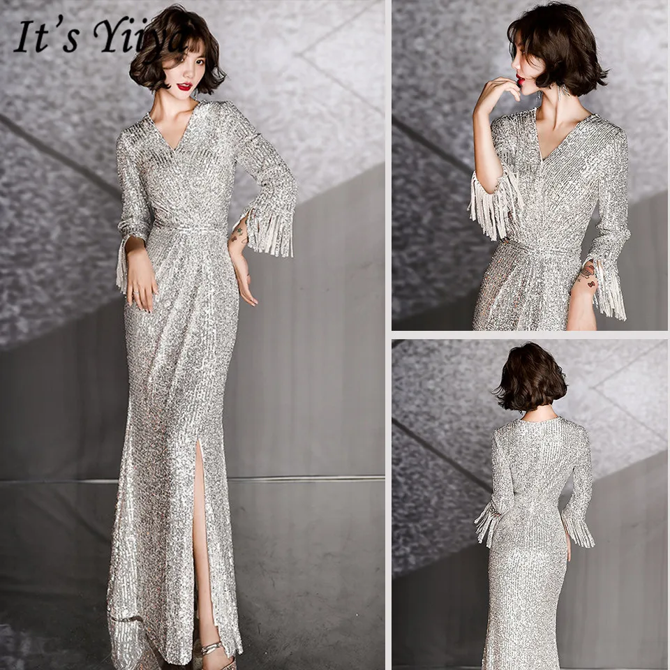 

It's Yiiya Formal Gowns Tassel Long Sleeve V-Neck Mermaid Dress Woman Party Floor-Length Plus Size Sequined Robe De Soiree K018