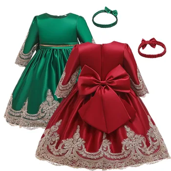 

Children's party Embroidered dress Big Bow girls Glossy Satin Frocks for weddings Birthday Party first communion dresses costume