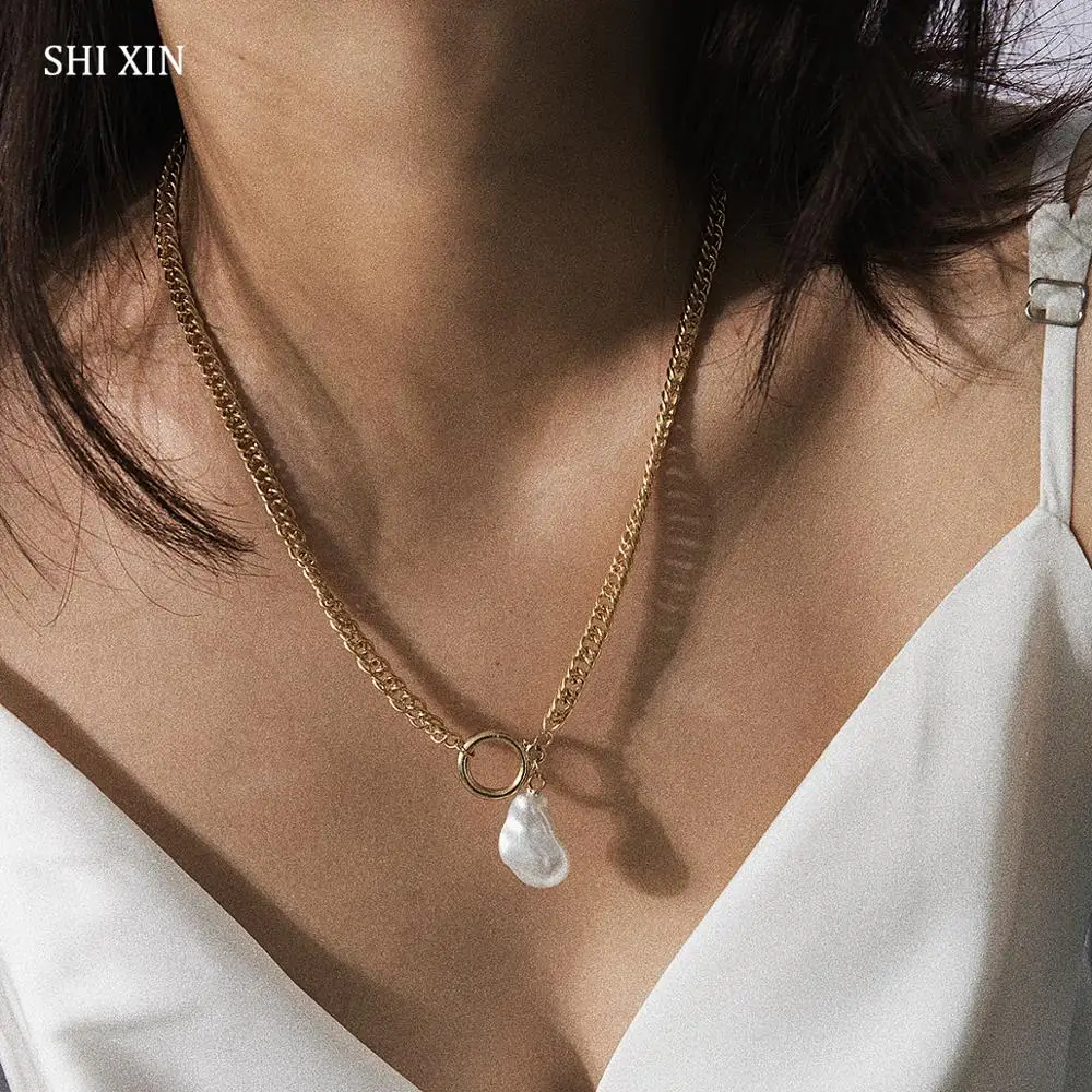 

SHIXIN Simple Personalized Baroque Pearl Necklace for Women Fashion Gold Long Chain Necklace Female Decoration on the Neck Chain