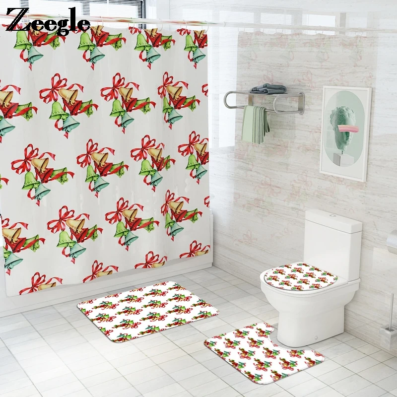 Christmas  Shower Curtain Bathroom Mat Set Bathroom Creative Shower Curtain Bath Mats Bathroom Water Absorbing Bath Mat