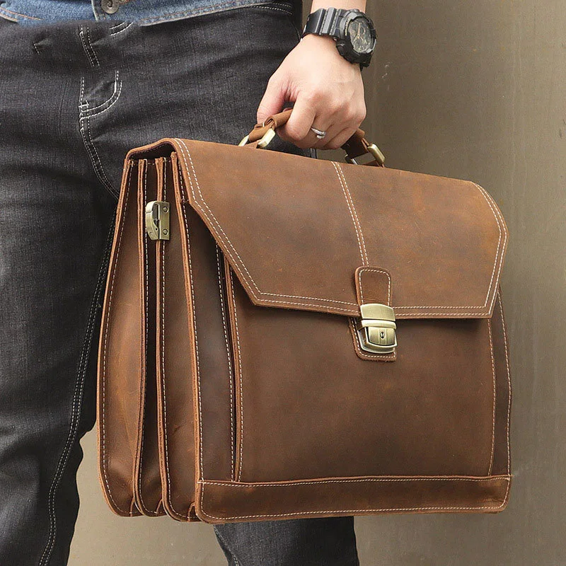 Luufan Men's Business Briefcase With Lock Genuine Leather Male