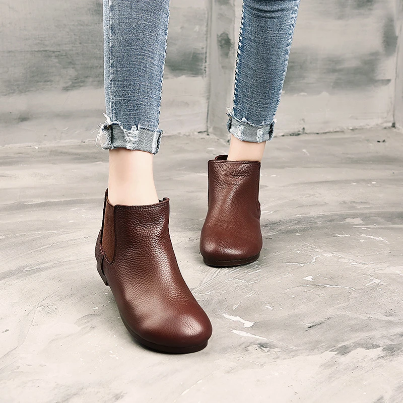 2021 new Leather ankle boots, flat shoes, vintage boots, round head, cowhide shoes, single boots PIAN