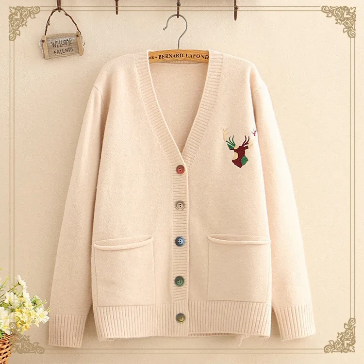 

5 colors-- elk deer embroidery colorful buttons loose sweet sweater v-neck cardigan female