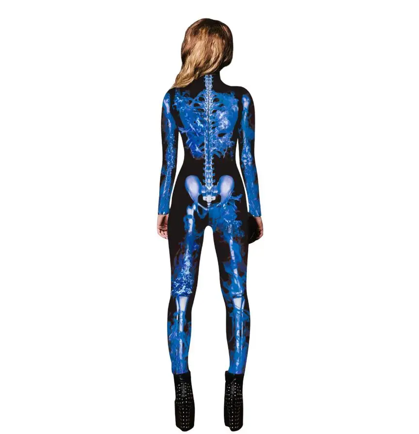 Scary Halloween Skeleton Print Costume Adult Women Horror Carnival Joking Catsuit Jumpsuit Long Sleeves Bodysuit For Lady Girls