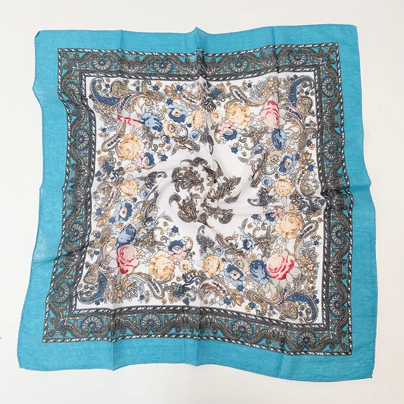 Печатный шарф с этническим принтом 70 см X 70 см пылезащитный цветочный головной убор кешью шарф Ретро Цветочный мусульманский платок русский хиджаб - Цвет: TJ02 Blue