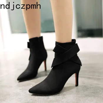 

Boots Women Winter The New Fashion Flock Bow Pointed Zipper Fine Heel High Heel Short Tube Women Shoes 34-39 Heel Height 9cm