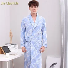 Мужские халаты, халат, мужские кимоно, дышащие, хлопок, синий цветочный принт, дизайн, свободный размер, ремень, карман, v-образный вырез, длинный, Lingeriewear