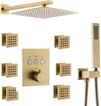 

Luxury bathroom Brushed Gold 10" Square Rainfall Shower Head with Six Body Spray Jets Allows Multiple Heads to Function At aTime