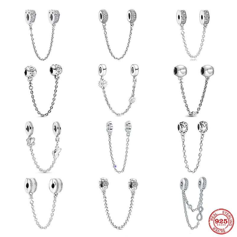 Hot New 925 Sterling Silver Safety Chain Charms Beads Fit Original Pandora Bracelet DIY Fixing Clip Heart Jewelry For Women Gift | Украшения