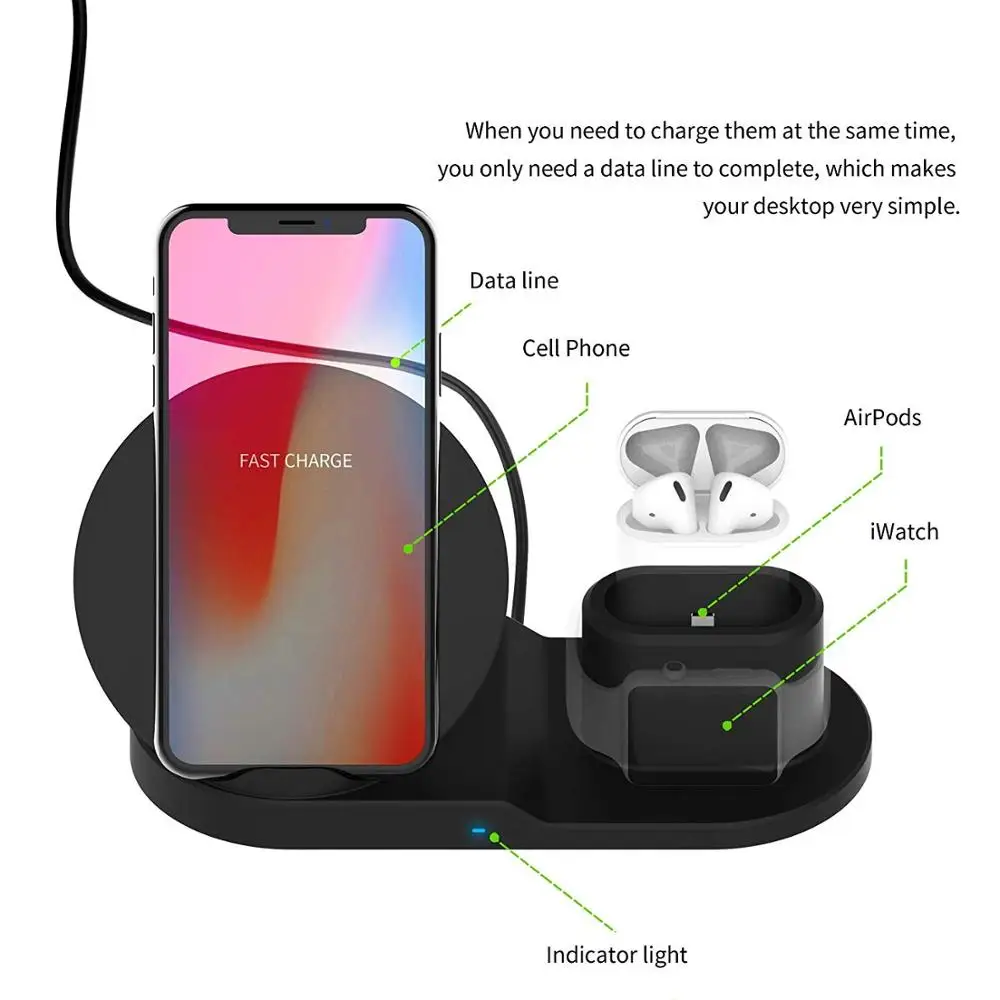 Беспроводное быстрое зарядное устройство Qi 3 в 1 док станция для Airpods Apple Watch 4 iPhone 8 X