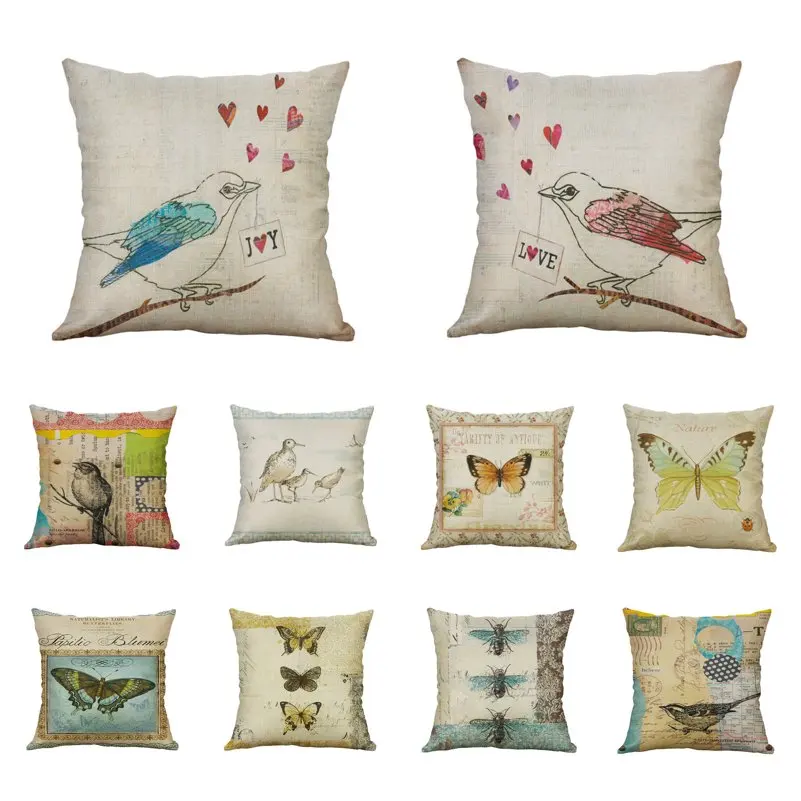 Cute Bird Cushion Coves Cotton Linen Bee Butterfly Printed Throw Pillow Pillowcase for Home Decor Sofa Chair Bedroom Decorative