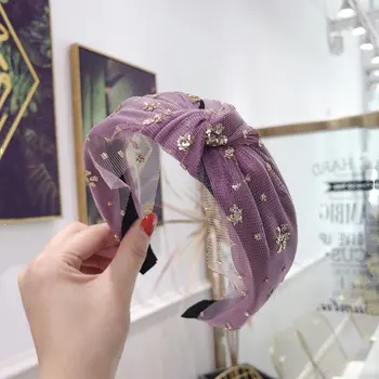 

Women Elegant Fashion Headwear Accessories Bohemian Mesh Yarn Headband Gold Sequin Hair Hoop Knotted Wide Hairband Korean Turban