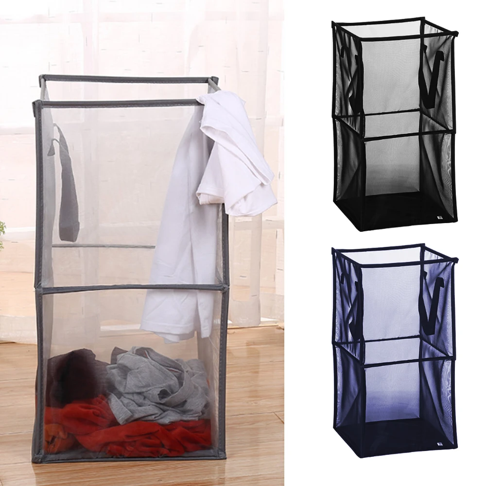 1-2layers Portable Square Mesh Laundry Basket Dirty Clothes Toys Storage Bin With Handles Home Organ