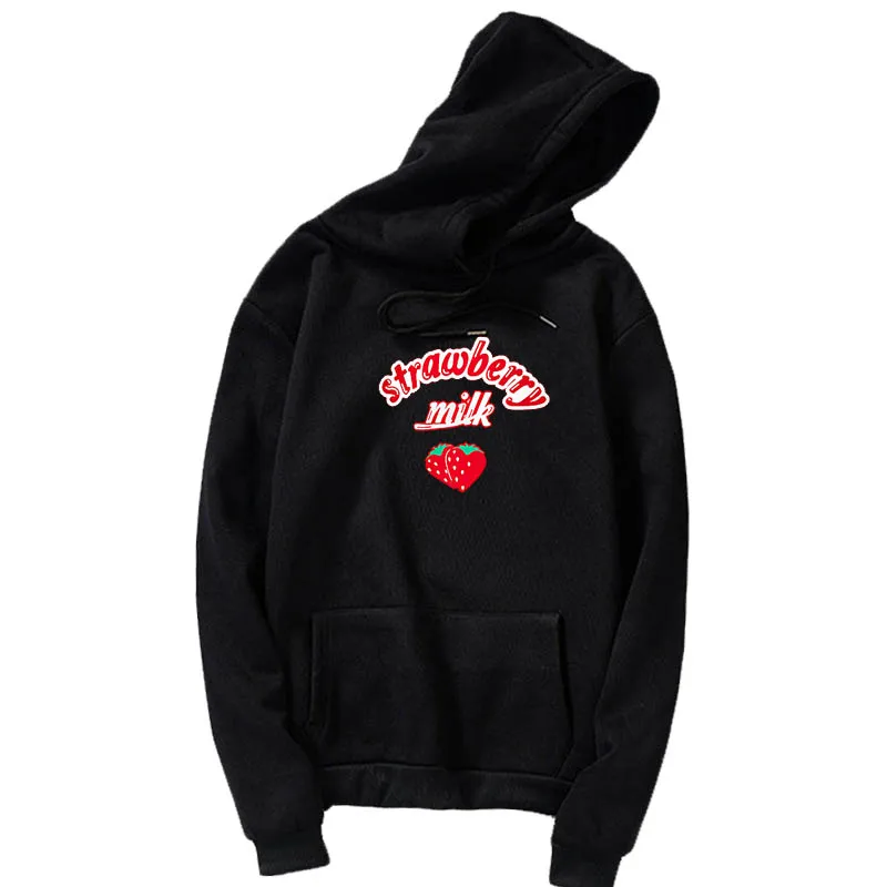 Women hoody Kawaii Korean K-POP Style Strawberry drink black Hoodies  Loose Sweatshirt Hooded Pullover cute Women Hoodies