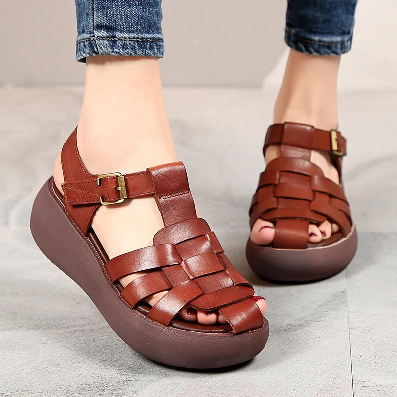 

Sandals Women Gladiator 2020 Summer New Ladies Sandals Genuine Leather Fashion Retro Casual Platform High Heel Women's Shoes