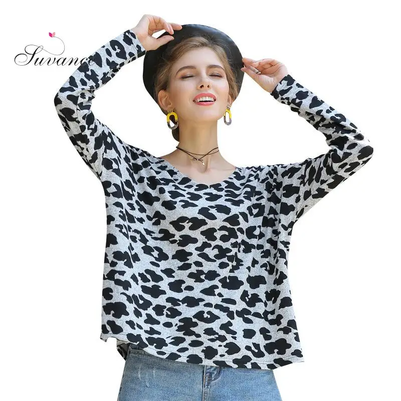 

2019 Autumn Winter Casual Leopard Print Color Sweater Fashion V Neck Loose Size S-xl Women Pullover Jl-yh207