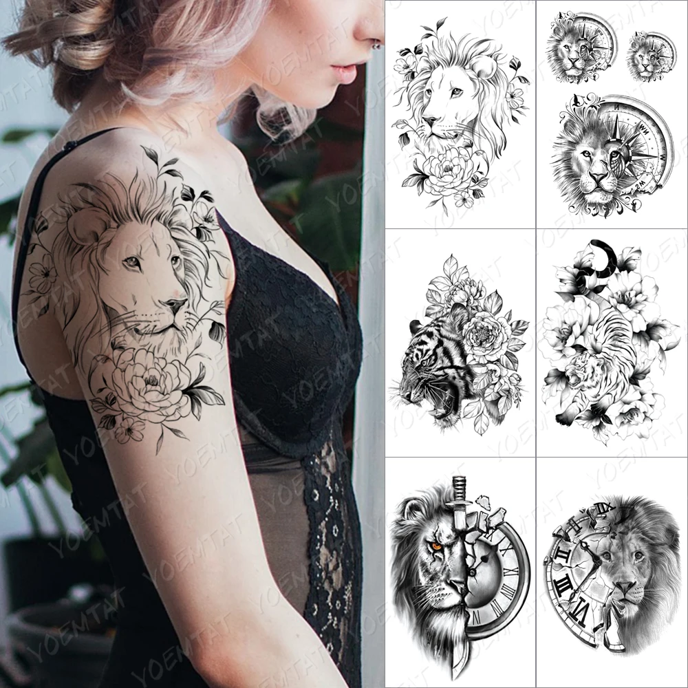 

Line Peony Lion Temporary Tattoo Sticker For Men Women Owl Wolf Fox Waterproof Fake Henna Tiger Animal Body Art Tatoo Decal