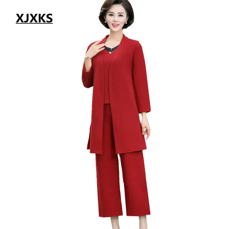 

XJXKS 2019 autumn new women's three-piece set plus size women's sleeveless top + cardigan jacket + elastic waist nine pants