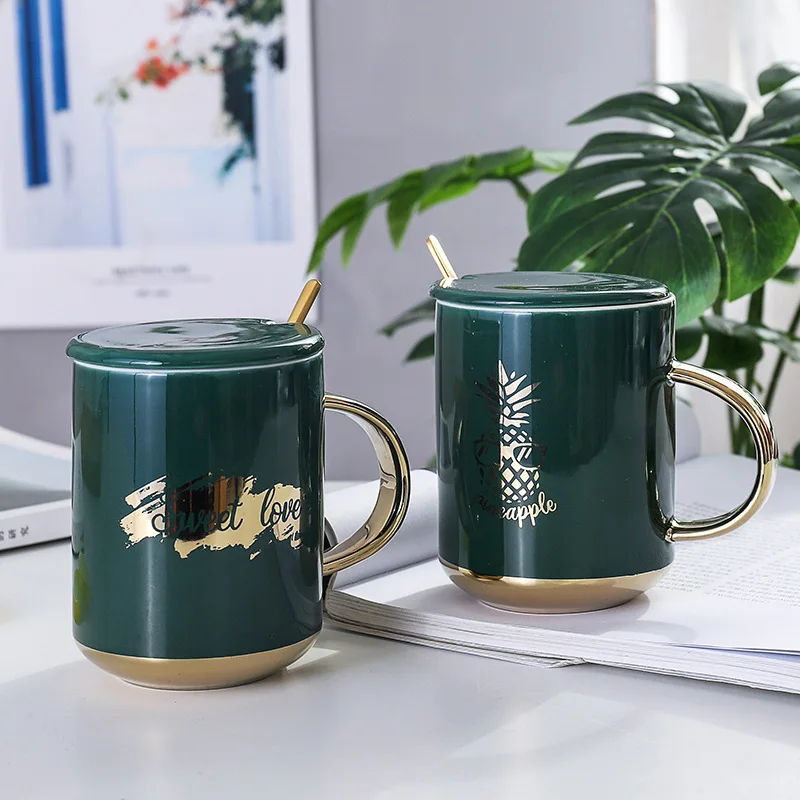 "Green Luxury" Modern Beautiful Ceramic Mug with Lid Spoon Tea Milk Coffee Cup Home Office Drinkware Waterware