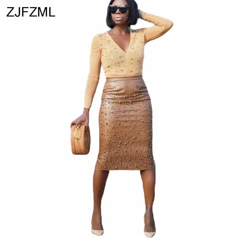 ZJFZML, сексуальная юбка из искусственной кожи размера плюс для женщин, украшенная бисером, высокая талия, юбка-карандаш миди, элегантные вечерние юбки с разрезом сзади - Цвет: Brown Skirt