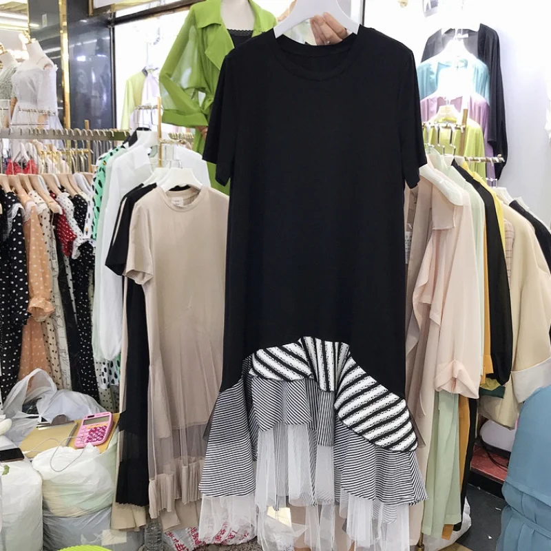

2019 Spring Summer New Korean Style Loose Irregular Mesh Panel Striped Ruffle Midi Dress Women's Dresses Students T Dress