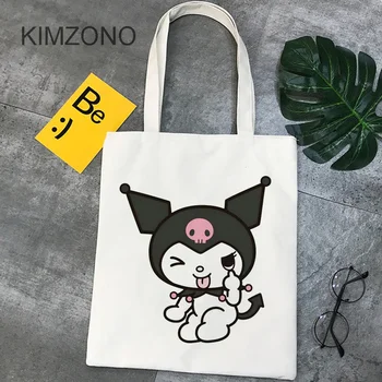 Kuromi-bolso de compras reutilizable, bolsa de algodón y yute, tejido de tela