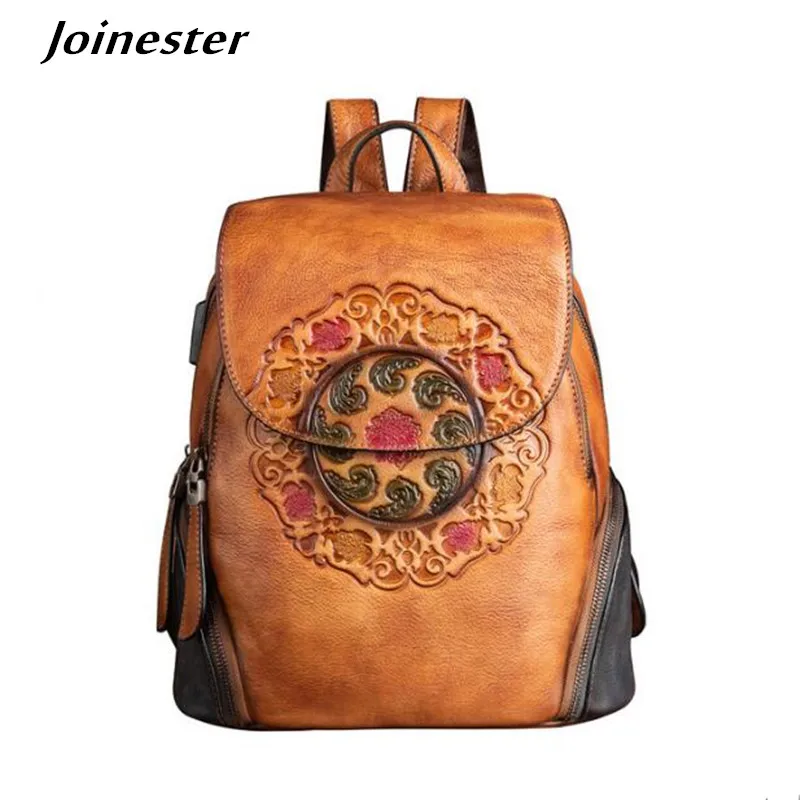 Vintage Embossed Women Genuine Leather Backpacks College Style Flap Schoolbags Ladies Outing Travel Bag Ladies Soft Daypacks