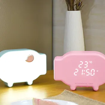 

Cute Pig Led With Temperature Luminous Clock Multi-Function USB Charging Sound And Light Control Night Light