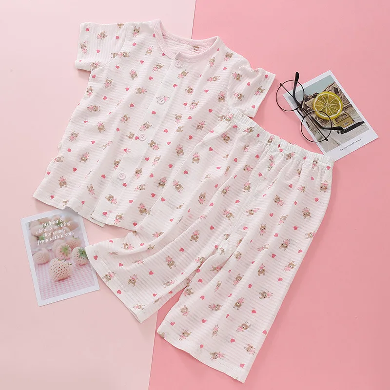 

2Pcs/Set Baby Summer Clothing Cartoon Children Short Sleeve Cartoon Buttons Pyjamas Comfort Front Opening Baby Girl Clothes