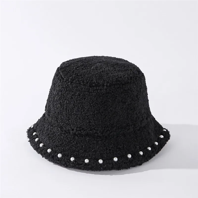 

Oloey Korean Winter Lamb Wool Pearl Lace Bucket Hats For Women Fashion Warm Panama Fisherman Hat solid Wild Basin Hat Streetwear