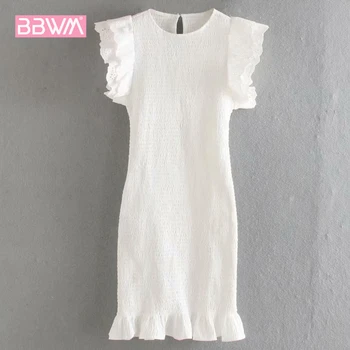 

Round Neck White Elastic Western Style Simple Ruffle Women's Dress 2020 Summer Fresh Chic Was Thin Female Dress