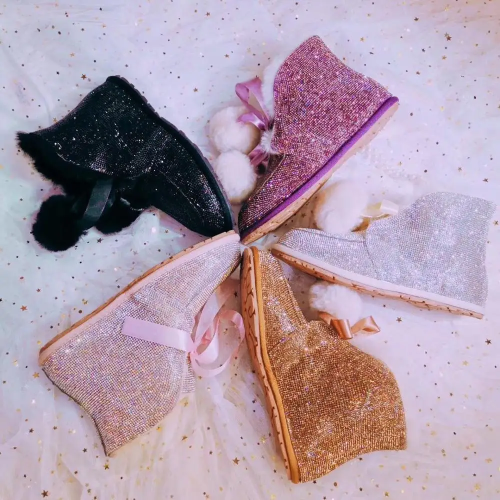 

JELLYFOND Rhinestone Winter Fashion Boots Women Natural Real Fur Flat Snow Boots Waterproof Warm Winter Shoes Botines Mujer