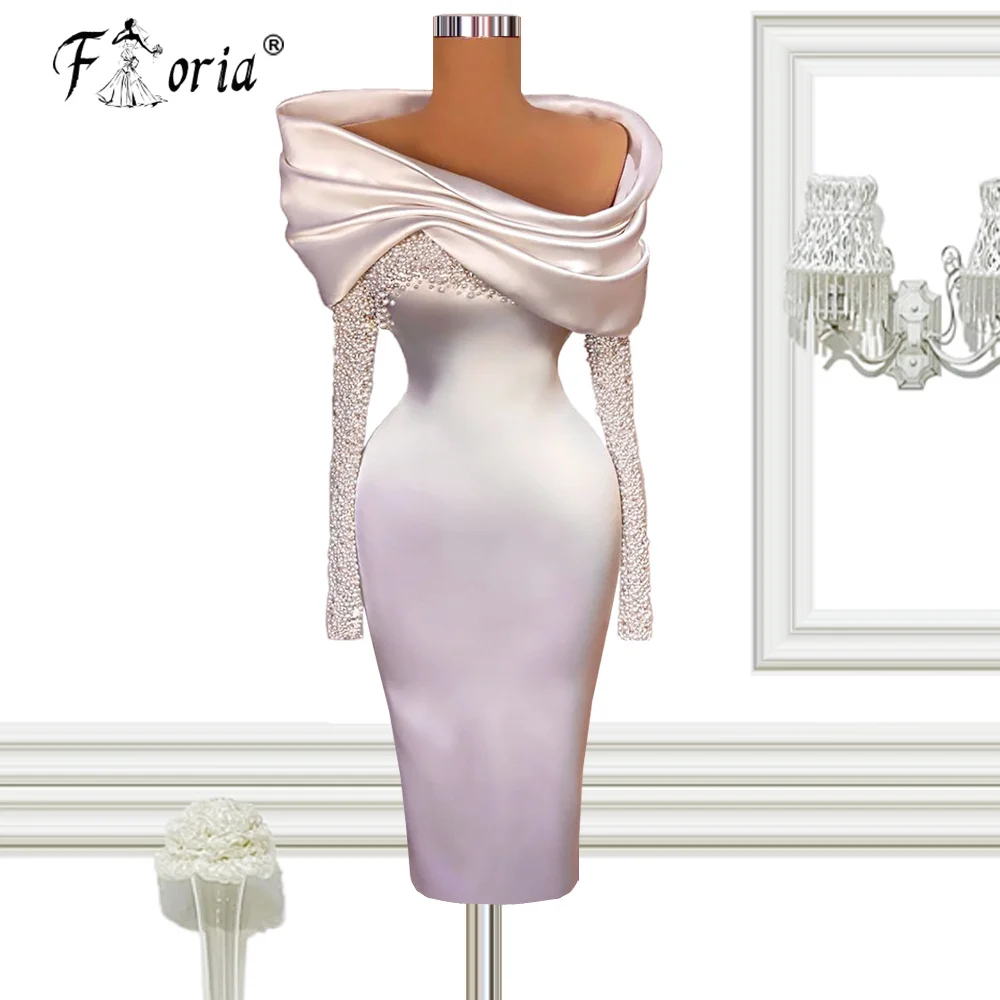 Chic Ivory Satin Dress Party Tea Length Mermaid Pearls Graceful Prom Party Dresses Vestido de Festa Robe Cocktail Dresses