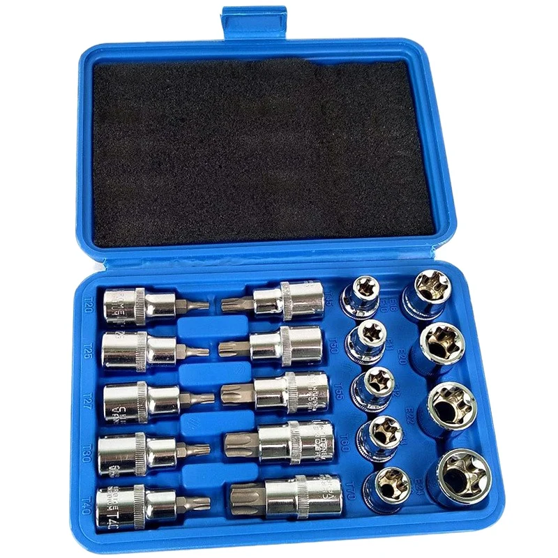 

19Pcs Socket Set 1/2 Inch Drive Star Socket Bit Socket Set External E10 - E24 Torx T20 - T70 Socket Pressure Batch Set