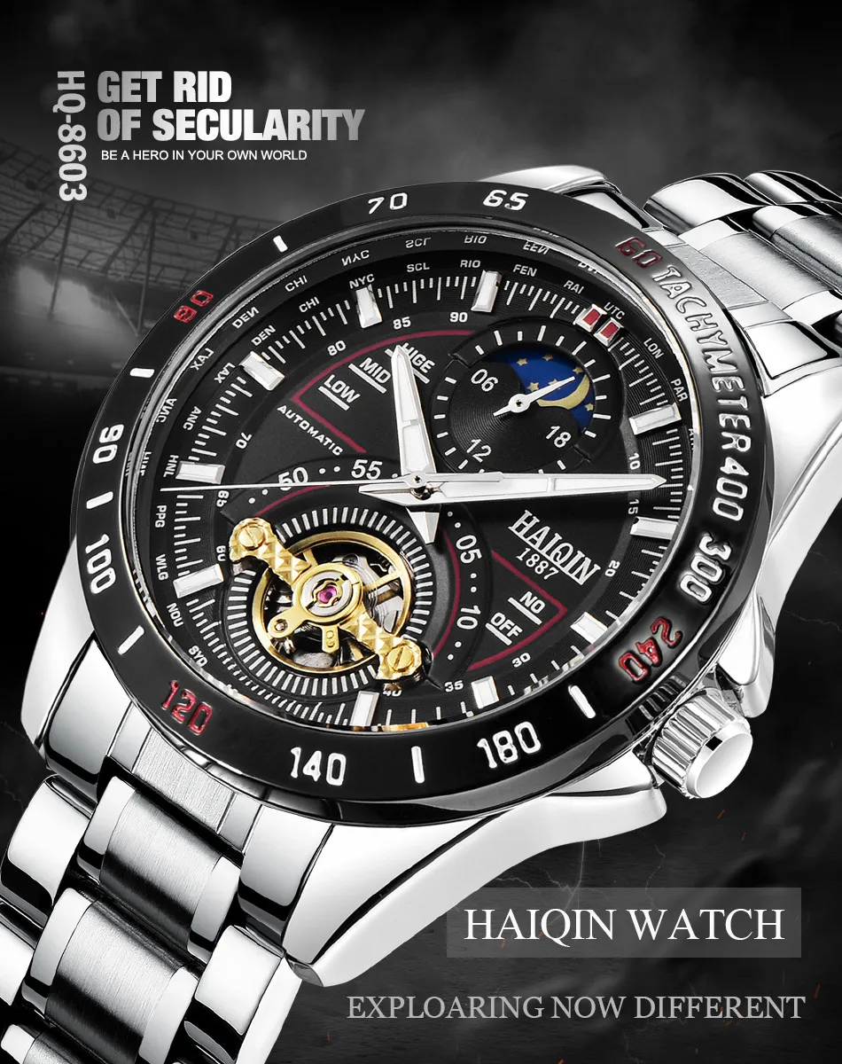 HAIQIN модные часы от ведущего бренда, роскошные мужские механические наручные часы, мужские военные часы, мужские спортивные турбийон relojes hombre