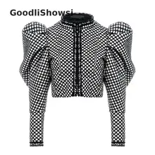 GoodliShowsi Высокая уличная мода клетчатые пышные куртки со стоячим воротником с длинным рукавом сексуальный укороченный топ женские шикарные укороченные куртки