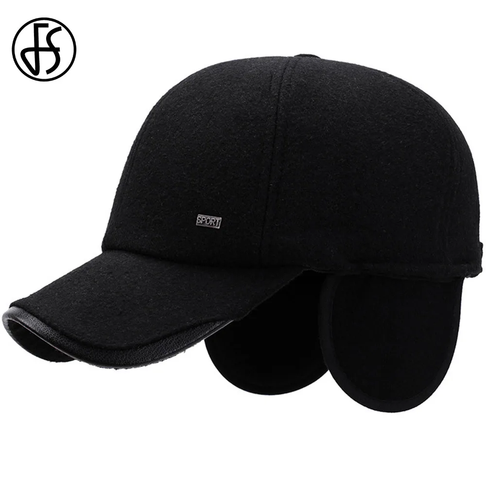 

FS Fashion Winter Wool Ear Flap Baseball Cap For Men Women Outdoor Warm Dad Hat Female Lady Black Gray Casquette Homme 2019