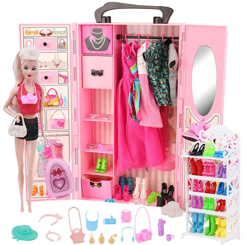 72 Pcs/Set Barbiees Doll Clothes Accessories=Wardrobe Shoe Rack Suitcase Clothes Hangers Shoes Random Bag glasses