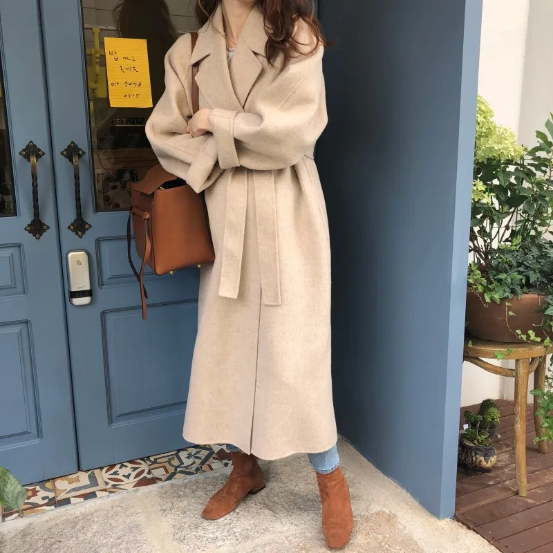 Women Wool Long Trench Fashion Korean Autumn Elegant Lapel Fax Cashmere Woolen Coat Oversize Loose Maxi Sashed Korean Coat